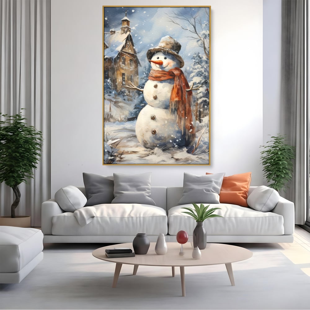 Tablou canvas cu tablou canvas cu om de zapada, in rama de aluminiu auriu, pe perete intr-un living